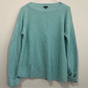 Talbots Wool Blend Sweater Textured Stitch Cuff Sleeve Aqua Blue L Waffle Knit